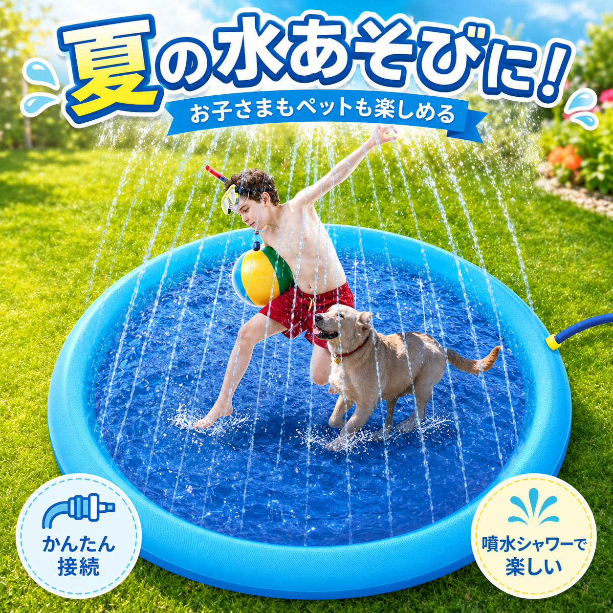 愛犬 子供と遊べる噴水スプリンクラーマット｜夏のお庭あそびに