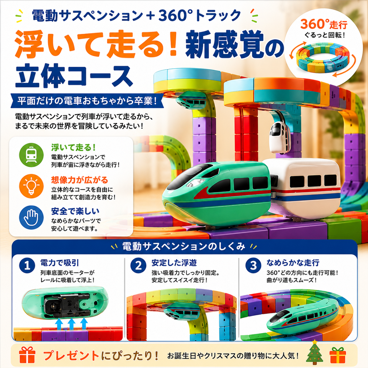 逆さまでも走る！マグネット立体レールセット